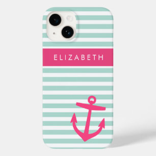 Mint and Pink Nautical Stripes Anchor Monogram Case-Mate iPhone 14 Case