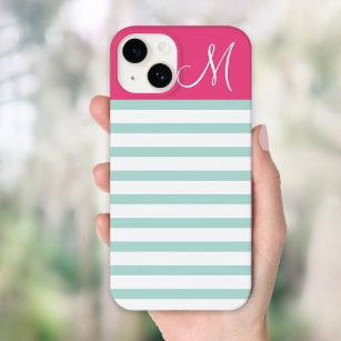 Mint and Pink Preppy Stripes Monogram Case-Mate iPhone 14 Plus Case