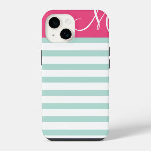 Mint and Pink Preppy Stripes Monogram iPhone 14 Case
