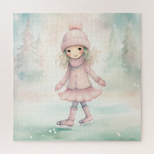 Mint and Pink Winter Scene Girl Skating Jigsaw Puzzle
