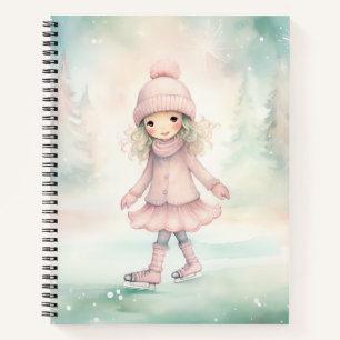 Mint and Pink Winter Scene Girl Skating  Notebook