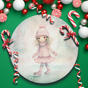 Mint and Pink Winter Scene Girl Skating Round Cutting Board