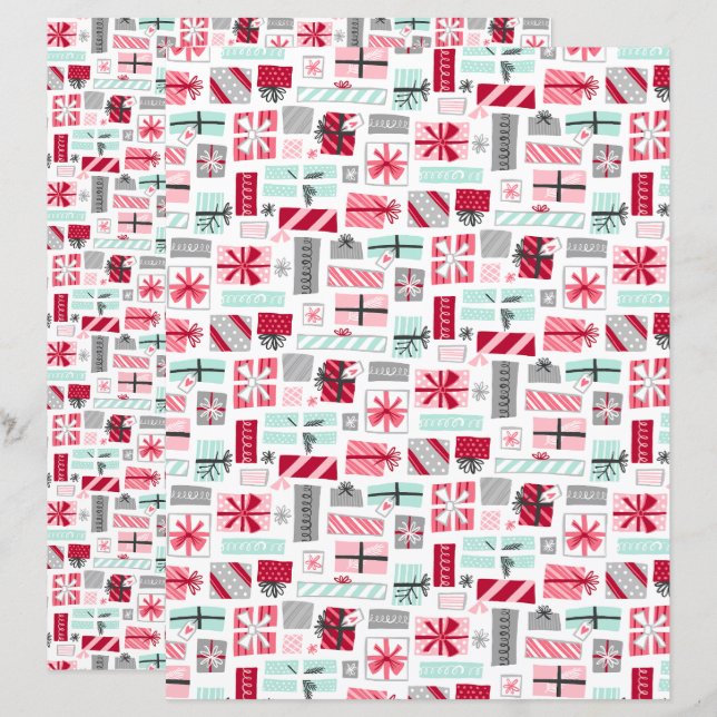 Mint and Red Christmas Presents Scrapbook Paper (Front/Back)