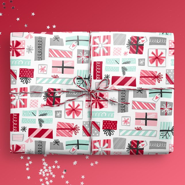 Mint and Red Christmas Presents Wrapping Paper (Mint and Red Christmas Presents Gift Mockup)