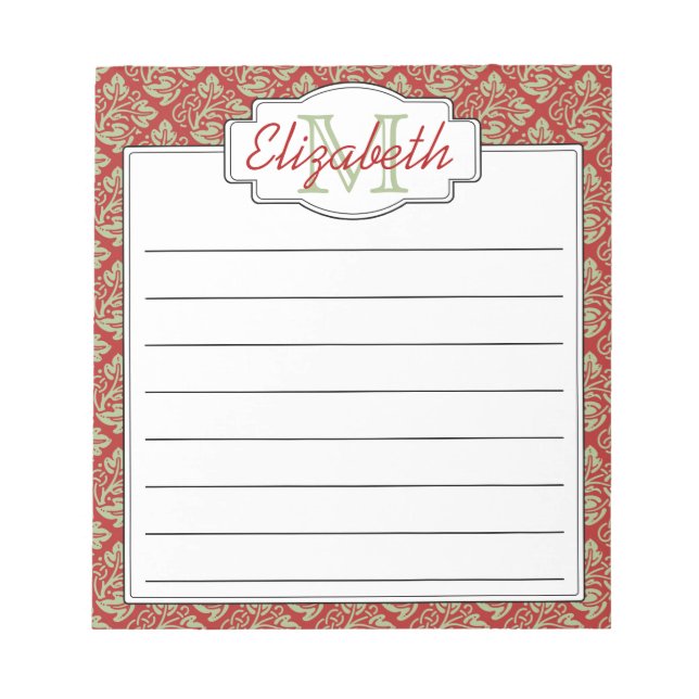Mint and Red Monogram Tree of Life Pattern Notepad (Front)