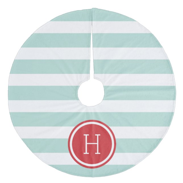 Mint and Red Preppy Stripes Monogram Fleece Tree Skirt (Front)