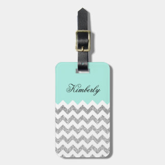 Mint and Silver Faux Glitter Chevron Luggage Tag