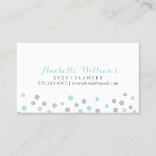 Mint and Silver Glitter Confetti Dots Business Card