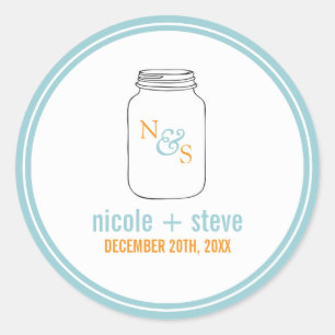 Mint and Tangerine Mason Jar Monogrammed Wedding Classic Round Sticker