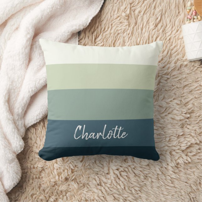 Mint And Teal Stripes Customize Name Throw Pillow (Blanket)