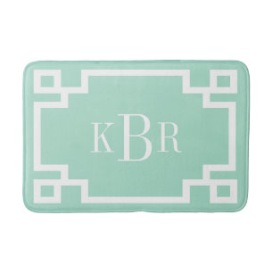 Mint and White Greek Key Custom Monogram Bath Mat