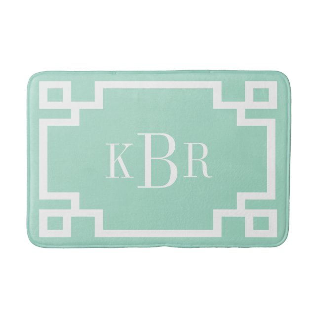 Mint and White Greek Key Custom Monogram Bath Mat (Front)