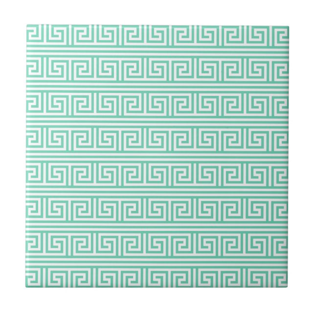 Mint and White Greek Key Pattern Tile (Front)