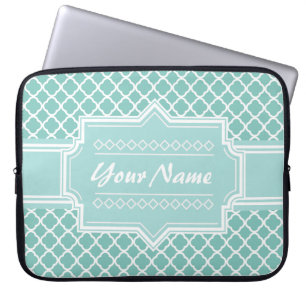Mint and White Moroccan Quatrefoil Lattice Laptop Sleeve