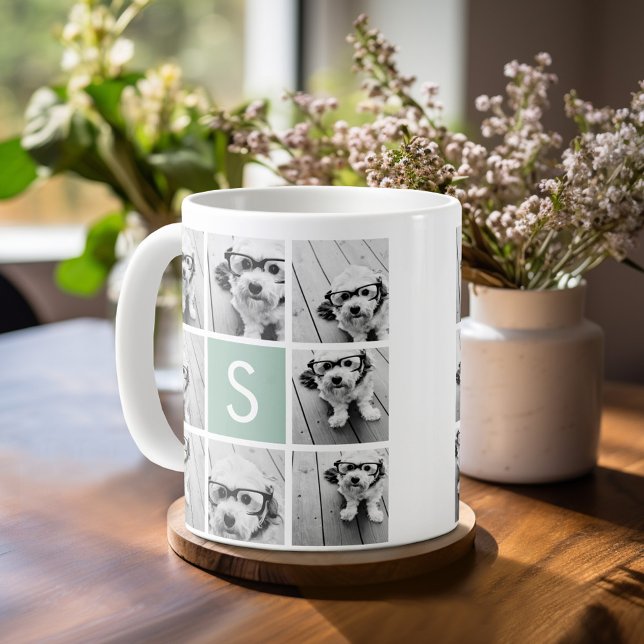 Mint and White Photo Collage with Monogram Coffee Mug (Mug template with a place for photos and custom text)