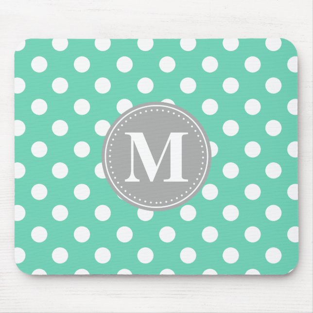 Mint and White Polka Dots Grey Monogram Mouse Pad (Front)