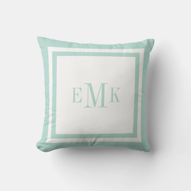 Mint and White Preppy Ribbon Dots Custom Monogram Throw Pillow (Front)