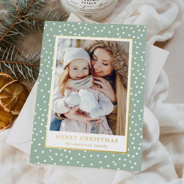 Mint and White Snowballs 2 Photo Foil Holiday Card (Creator Uploaded)