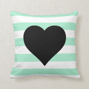 Mint and White Striped Black Heart Throw Pillow