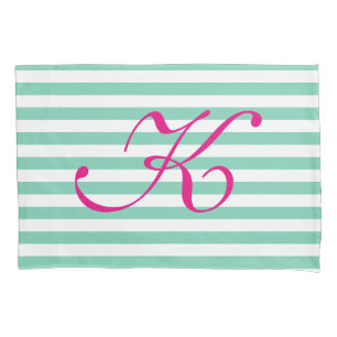Mint and white striped pink monogrammed pillowcase