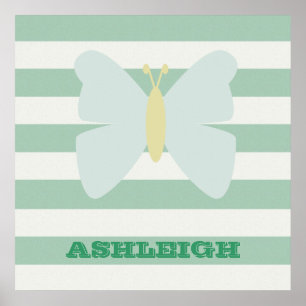 Mint and White Stripes Butterfly Poster