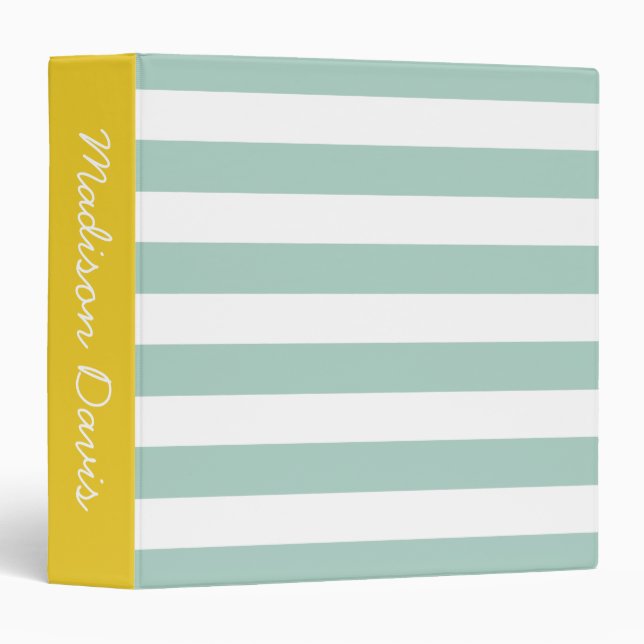 Mint and White Stripes Yellow Personalized Binder (Front/Spine)