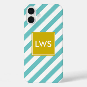 Mint and Yellow Diagonal Stripes Monogram iPhone 16 Plus Case