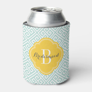 Mint and Yellow Greek Key Monogram Can Cooler