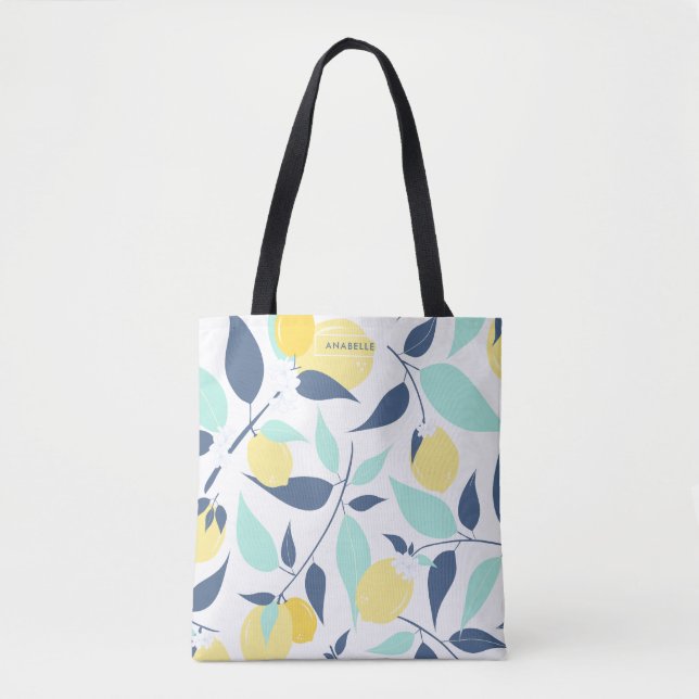 Mint and Yellow Lemons Pattern Tote Bag (Front)