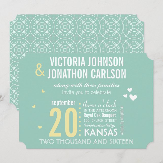 Mint and Yellow Modern Typography Wedding Invitation (Front/Back)