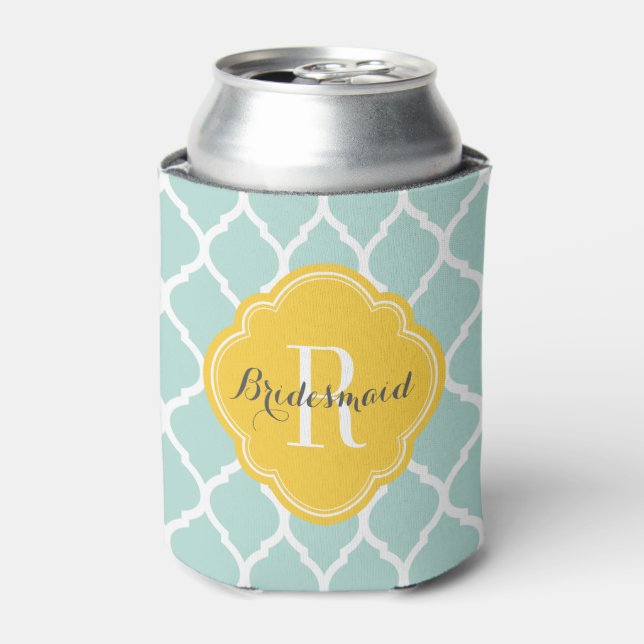 Mint and Yellow Moroccan Quatrefoil Monogram Can Cooler (Can Front)