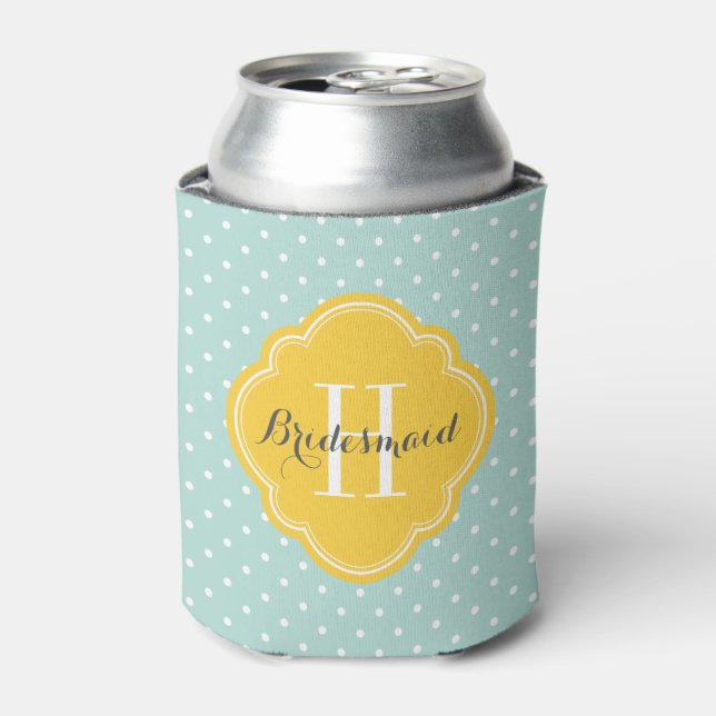 Mint and Yellow Polka Dots Monogram Can Cooler (Can Front)