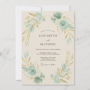 Mint Antique Gold Leafy Wedding Invitation