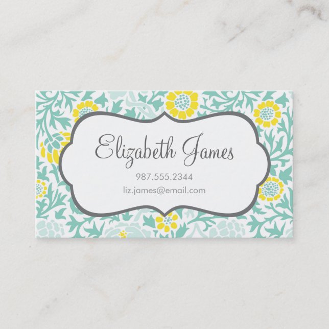 Mint Aqua and Yellow Retro Floral Damask Business Card (Front)