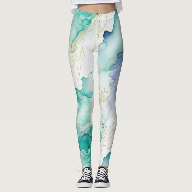 Mint Aqua Blue Ink Marble Leggings (Front)
