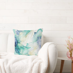 Mint Aqua Blue Ink Marble Throw Pillow
