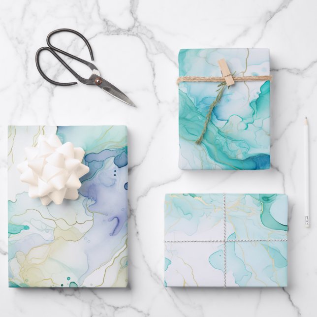 Mint Aqua Blue Ink Marble Wrapping Paper Sheet (Front)