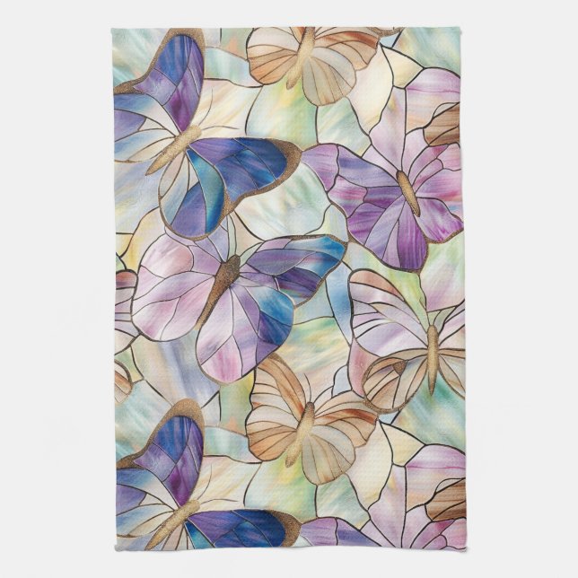 Mint Aqua Blue Purple Butterflies Kitchen Towel (Vertical)