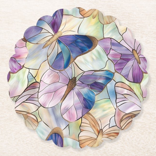 Mint Aqua Blue Purple Butterflies Paper Coaster (Front)
