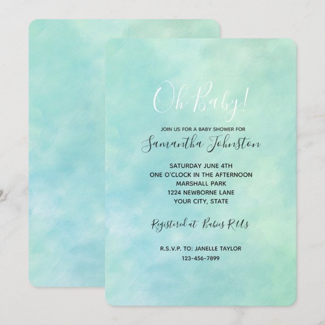 Mint Aqua Blue Tie Dye Watercolor Invitation (Front/Back)