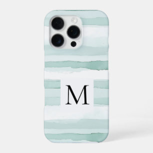 Mint Aqua Blue White Stripes Monogram  iPhone 16 Pro Case