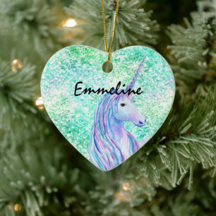 Mint Aqua Confetti Glitter Unicorn Ceramic Ornament