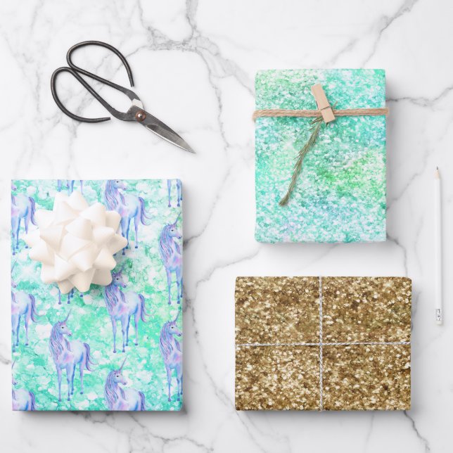 Mint Aqua Confetti Glitter Unicorn Wrapping Paper Sheet (Front)