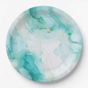 Mint Aqua Glam Elegant Gold Marble Paper Plate