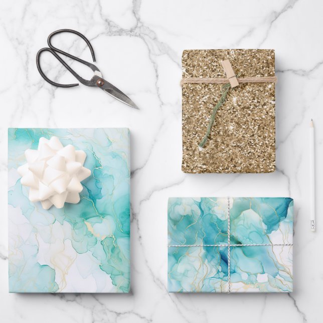 Mint Aqua Glam Elegant Gold Marble Wrapping Paper Sheet (Front)