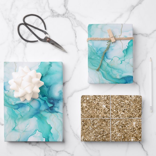 Mint Aqua Gold Ink Marble Wrapping Paper Sheet (Front)