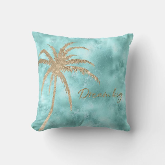 Mint Aqua Gold Palm Tree Glitter Dream       Throw Pillow (Front)