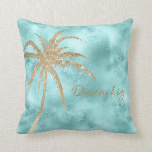 Mint Aqua Gold Palm Tree Glitter Dream       Throw Pillow