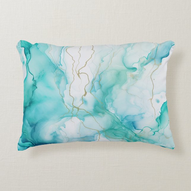 Mint Aqua Ink Marble Accent Pillow (Front)