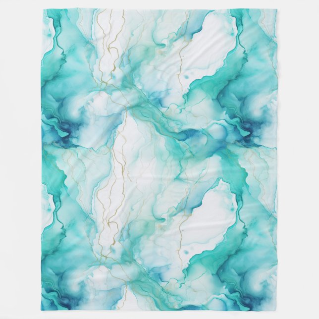 Mint Aqua Ink Marble Fleece Blanket (Front)